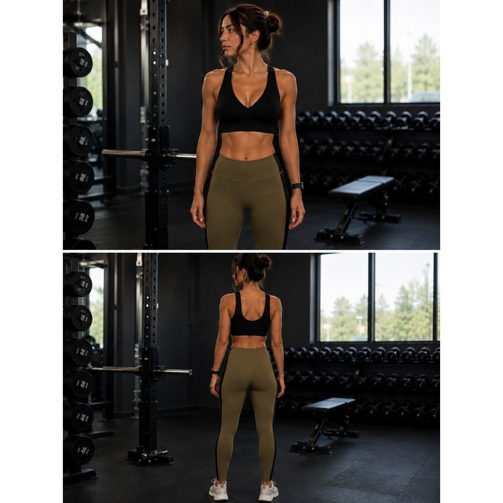 Cream Yoga Womens Olive Green Black Striped High Waisted Athletic Leggings 0139